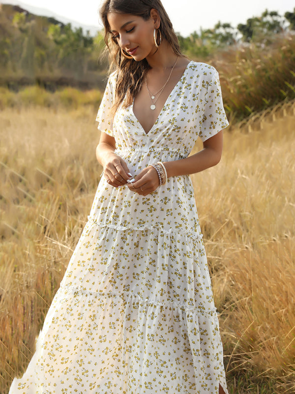 Summer Casual Vacation Women's Ruffle Floral Bohemian Dress - Hiccupzz
