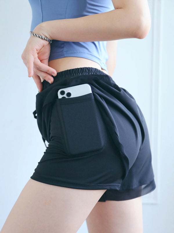 New Fake Two Piece Gym Shorts Women High Waist Elastic Tight Sports Yoga Pants - Hiccupzz