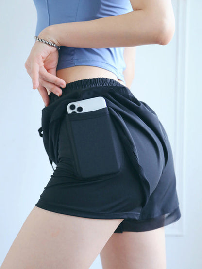 New Fake Two Piece Gym Shorts Women High Waist Elastic Tight Sports Yoga Pants - Hiccupzz