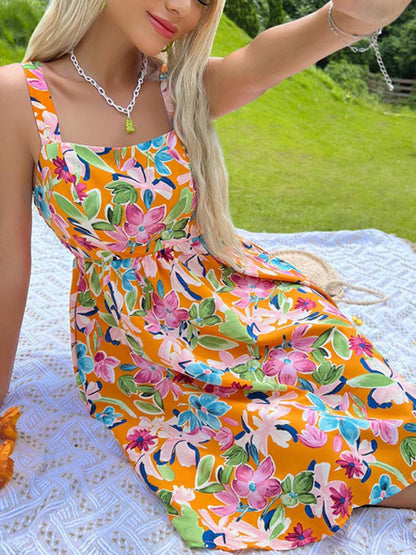 New printed French style suspender skirt design sense floral dress