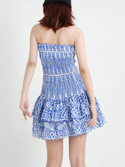 New Arrival Strapless Slim Ruffle Hem Embroidered Short Dress - Hiccupzz
