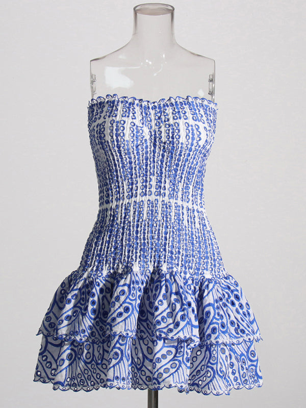 New Arrival Strapless Slim Ruffle Hem Embroidered Short Dress - Hiccupzz
