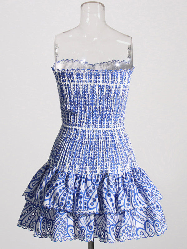 New Arrival Strapless Slim Ruffle Hem Embroidered Short Dress - Hiccupzz