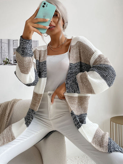 Women's Fashion New Arrival Long Buttonless Colorblock Sweater Jacket - Hiccupzz