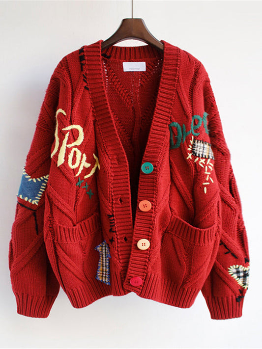 Cute Embroidered Loose Cropped Knit Cardigan with Patch Pockets - Hiccupzz