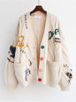 Cute Embroidered Loose Cropped Knit Cardigan with Patch Pockets - Hiccupzz