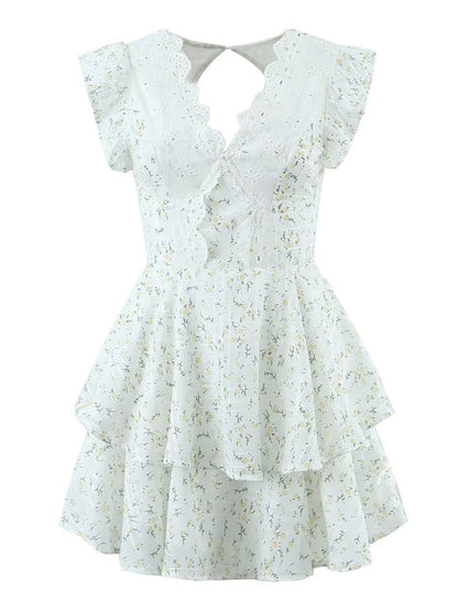 New lace embroidery printed waist dress V-neck halter skirt - Hiccupzz