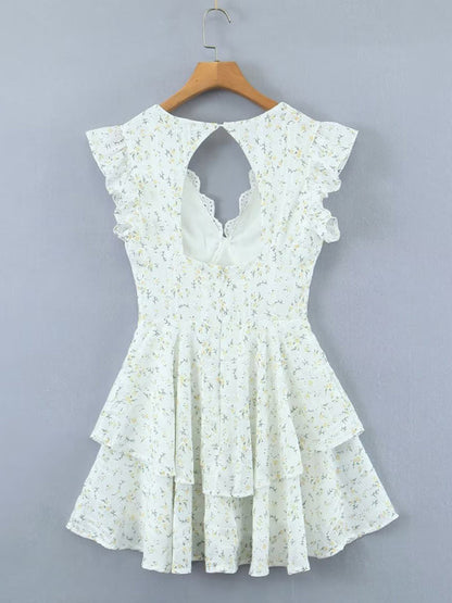 New lace embroidery printed waist dress V-neck halter skirt - Hiccupzz
