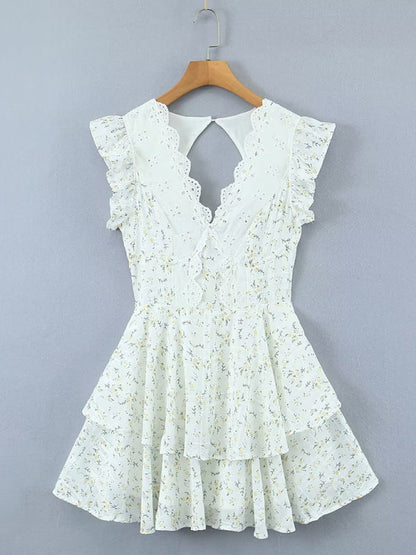 New lace embroidery printed waist dress V-neck halter skirt - Hiccupzz