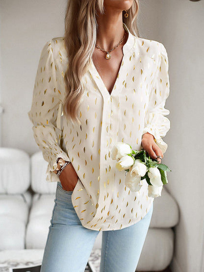 Women's v-neck bronzing polka dot long-sleeved shirt blouse - Hiccupzz