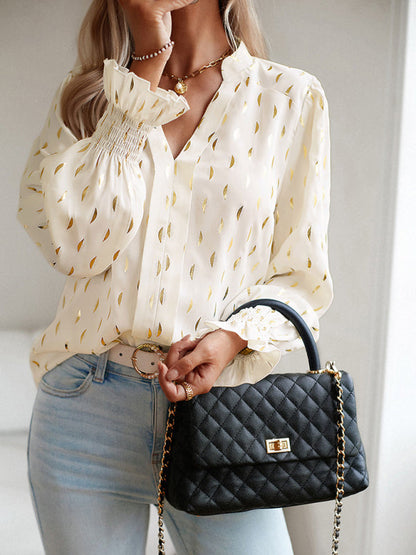 Women's v-neck bronzing polka dot long-sleeved shirt blouse - Hiccupzz