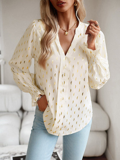 Women's v-neck bronzing polka dot long-sleeved shirt blouse - Hiccupzz
