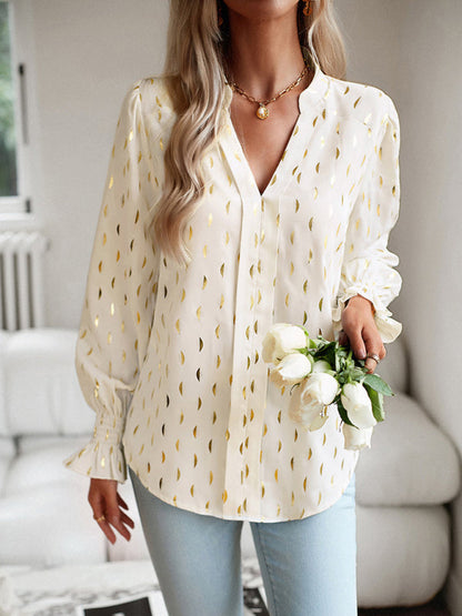 Women's v-neck bronzing polka dot long-sleeved shirt blouse - Hiccupzz