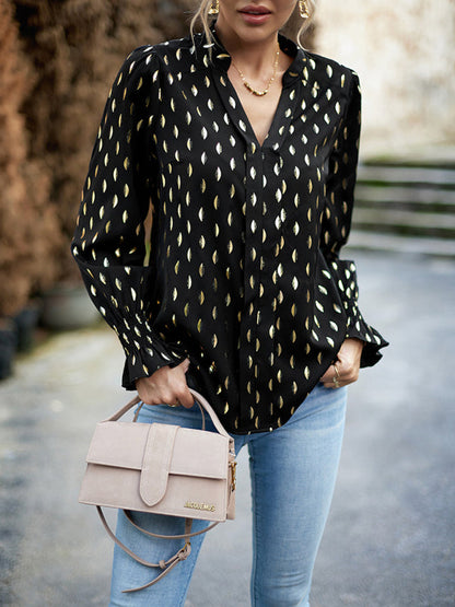 Women's v-neck bronzing polka dot long-sleeved shirt blouse - Hiccupzz