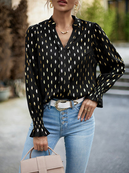 Women's v-neck bronzing polka dot long-sleeved shirt blouse - Hiccupzz