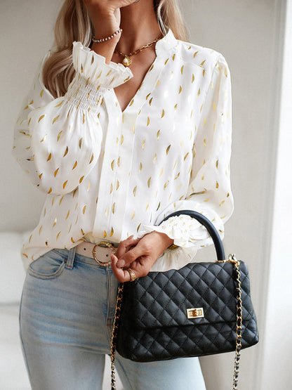 Women's v-neck bronzing polka dot long-sleeved shirt blouse - Hiccupzz