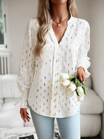 Women's v-neck bronzing polka dot long-sleeved shirt blouse - Hiccupzz