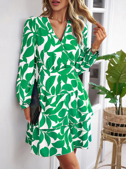 Women's Fashion Casual Printed V-Neck Dress - Hiccupzz