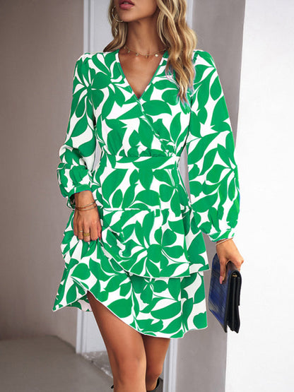 Women's Fashion Casual Printed V-Neck Dress - Hiccupzz