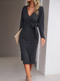 Women's Fashion Casual V-Neck Long-Sleeve Knitted Tie Dress - Hiccupzz