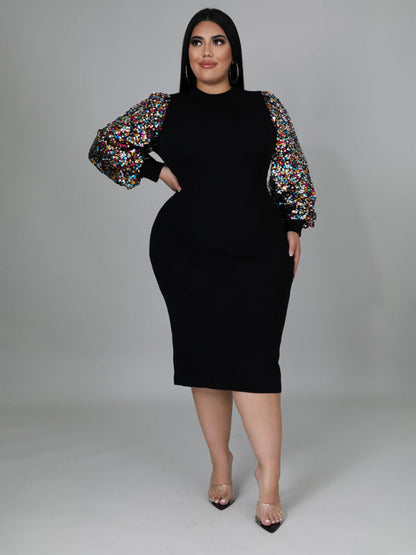 New Plus Size Ladies Sexy Solid Color Sequin Puff Sleeve Dress - Hiccupzz