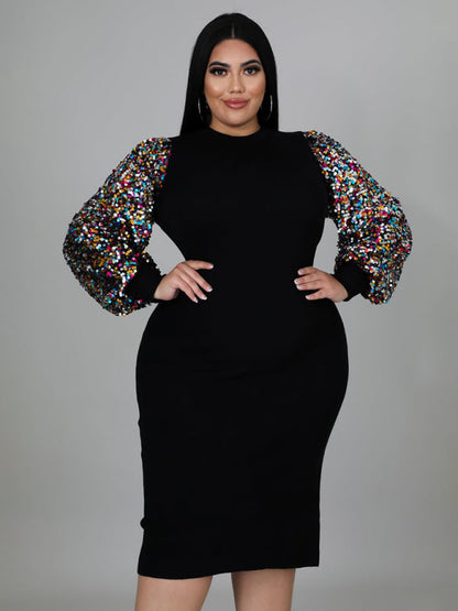 New Plus Size Ladies Sexy Solid Color Sequin Puff Sleeve Dress - Hiccupzz