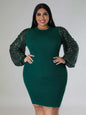New Plus Size Ladies Sexy Solid Color Sequin Puff Sleeve Dress - Hiccupzz