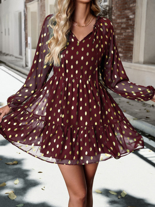 New women's autumn chiffon v-neck long-sleeved commuter dress