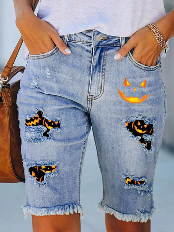 Nuevos pantalones casuales de mezclilla de cinco puntos, pantalones con estampado de Halloween, jeans con bordes sin rematar 