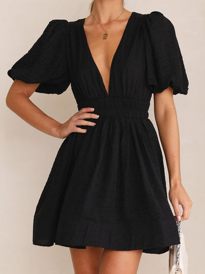 New style short skirt sexy V-neck lantern sleeve waist princess dress - Hiccupzz