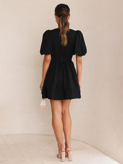 New style short skirt sexy V-neck lantern sleeve waist princess dress - Hiccupzz