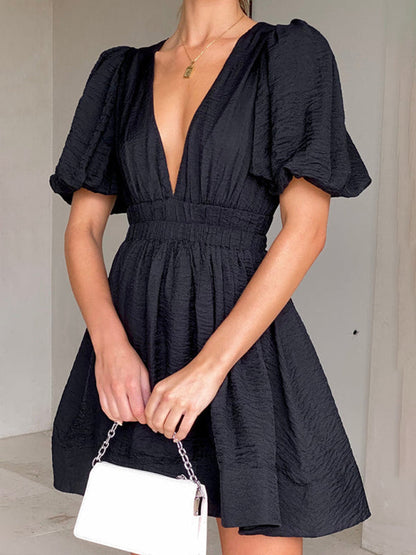New style short skirt sexy V-neck lantern sleeve waist princess dress - Hiccupzz