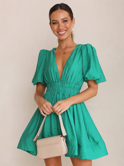 New style short skirt sexy V-neck lantern sleeve waist princess dress - Hiccupzz