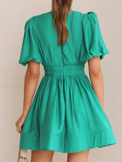 New style short skirt sexy V-neck lantern sleeve waist princess dress - Hiccupzz
