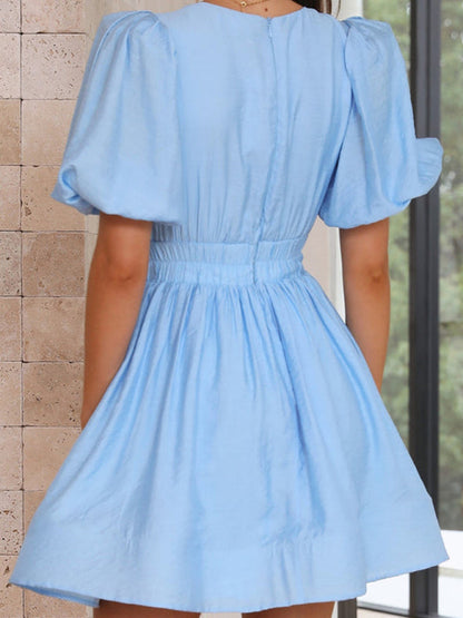 New style short skirt sexy V-neck lantern sleeve waist princess dress - Hiccupzz