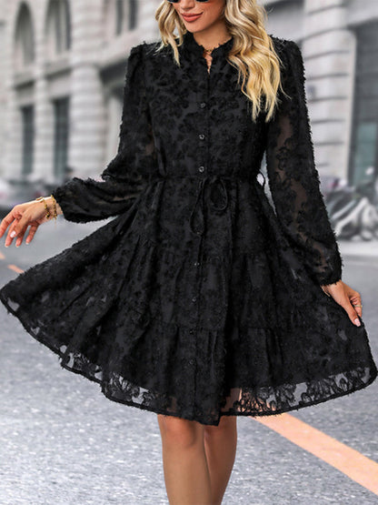 Women's new solid color three-dimensional jacquard long-sleeved round neck dress - Hiccupzz