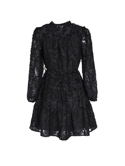 Women's new solid color three-dimensional jacquard long-sleeved round neck dress - Hiccupzz