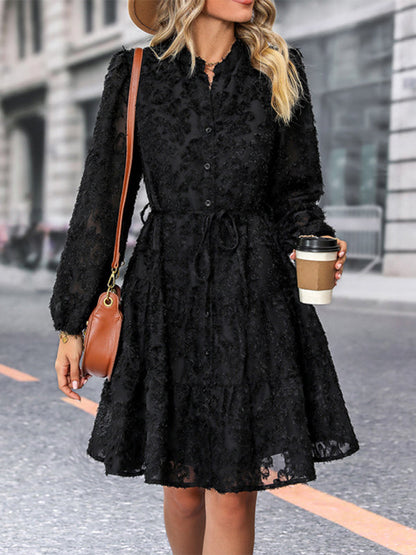 Women's new solid color three-dimensional jacquard long-sleeved round neck dress - Hiccupzz