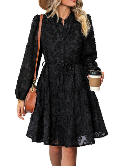 Women's new solid color three-dimensional jacquard long-sleeved round neck dress - Hiccupzz