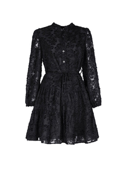 Women's new solid color three-dimensional jacquard long-sleeved round neck dress - Hiccupzz