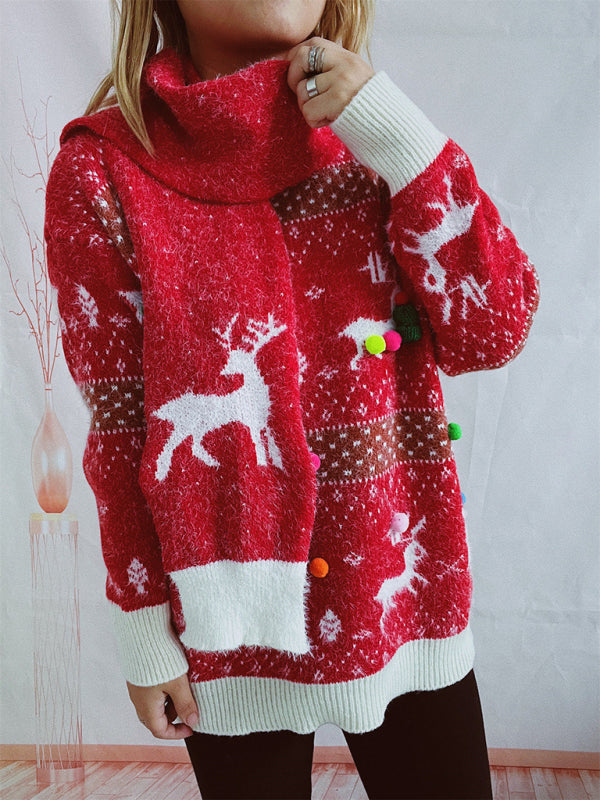 2-Piece Set Women's Fawn Snowflake Jacquard Ball Christmas Sweater Scarf