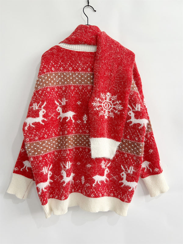 2-Piece Set Women's Fawn Snowflake Jacquard Ball Christmas Sweater Scarf