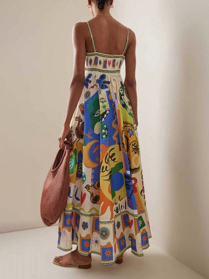 New square neck suspenders graffiti print seaside vacation style long dress - Hiccupzz