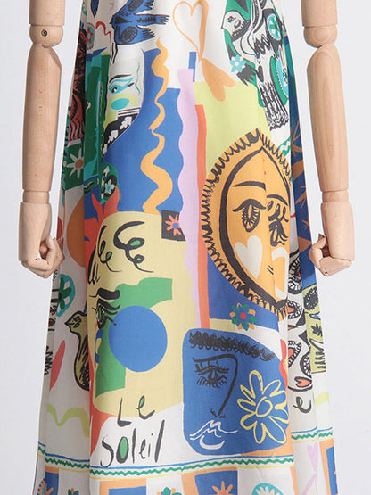 New square neck suspenders graffiti print seaside vacation style long dress - Hiccupzz