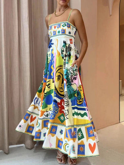 New square neck suspenders graffiti print seaside vacation style long dress - Hiccupzz