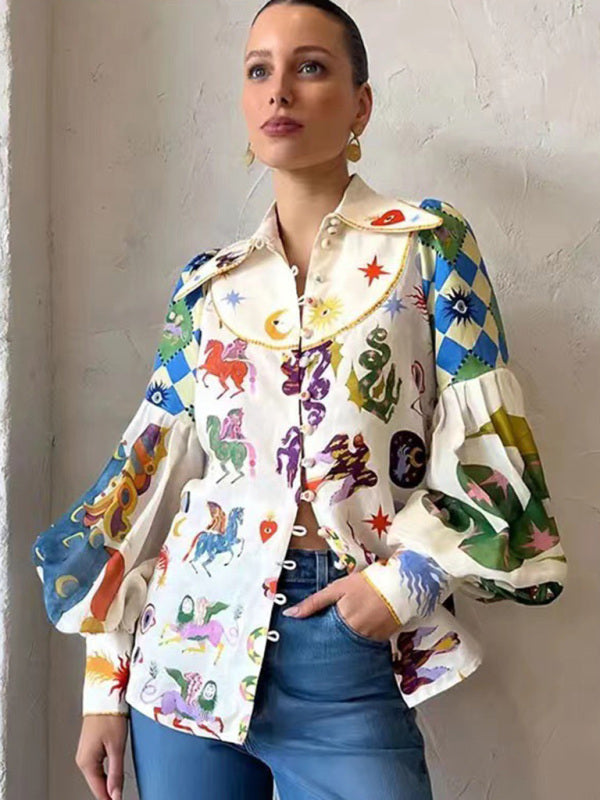 New style single-breasted lapel printed lantern sleeve long-sleeved shirt - Hiccupzz