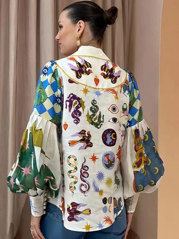 New style single-breasted lapel printed lantern sleeve long-sleeved shirt - Hiccupzz