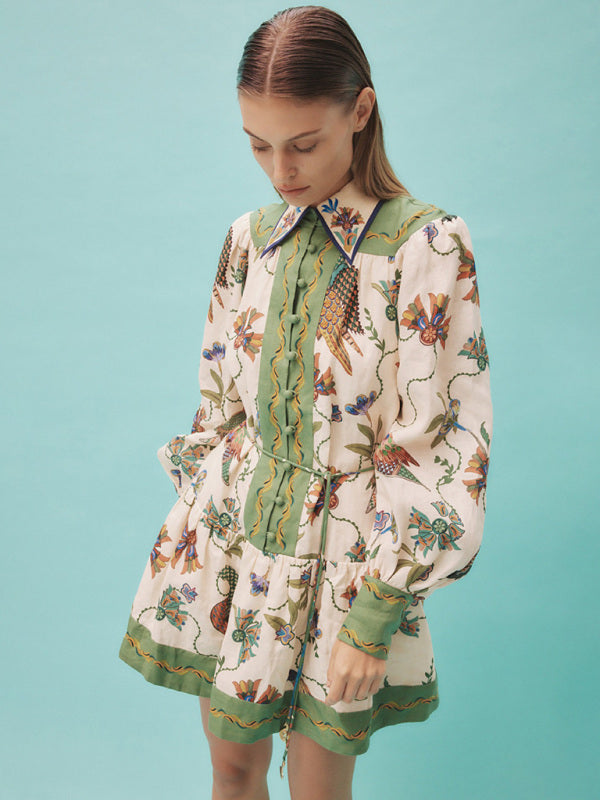 New long-sleeve printed lapel loose tie casual dress - Hiccupzz
