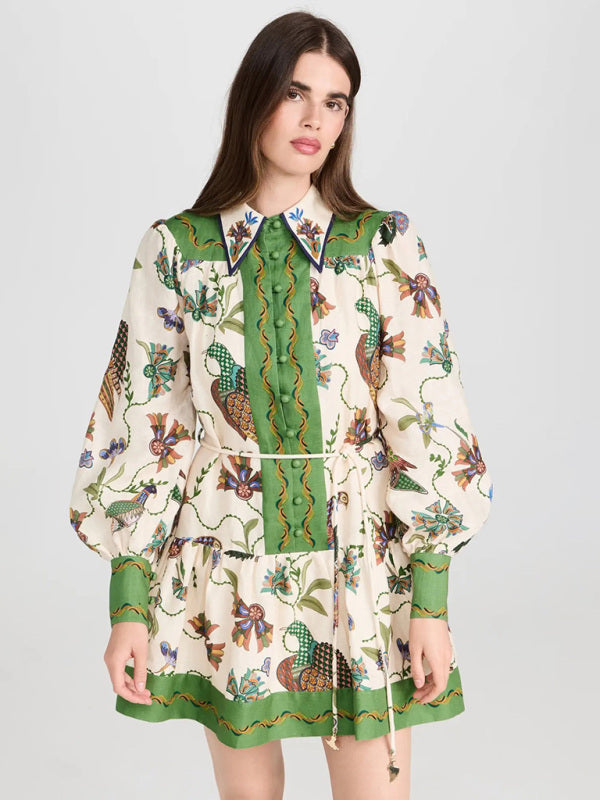 New long-sleeve printed lapel loose tie casual dress - Hiccupzz