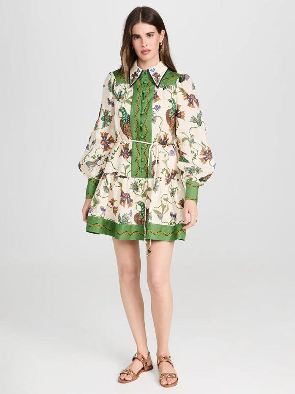 New long-sleeve printed lapel loose tie casual dress - Hiccupzz